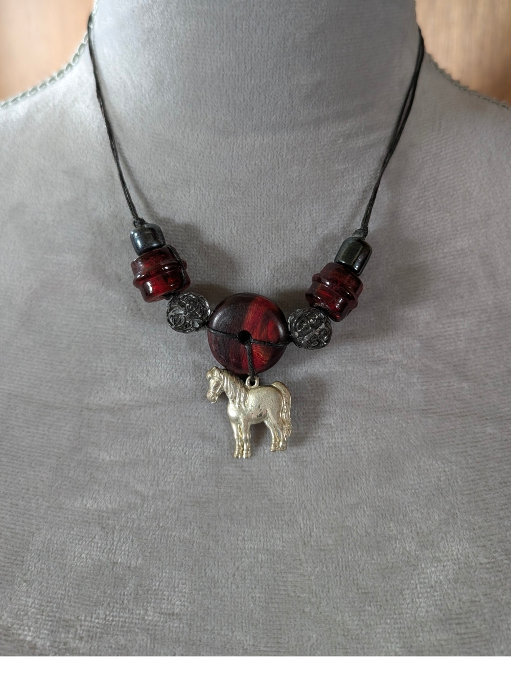 Handcrafted Red Wood Bead Necklace with Horse Charm